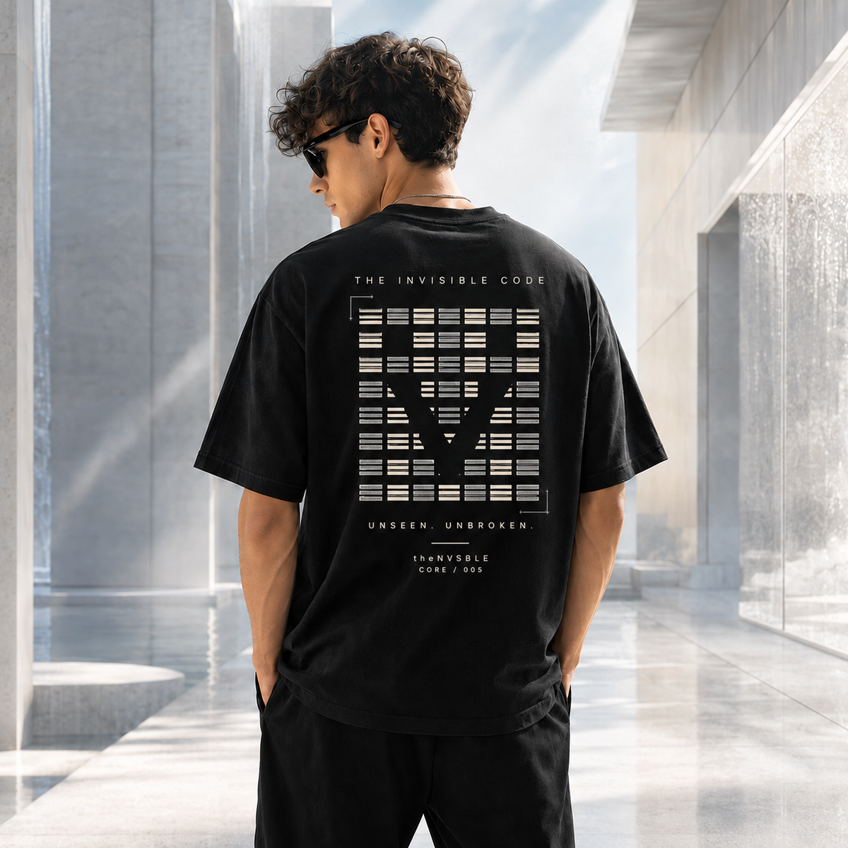 theNVSBLE CORE 005 THE INVISIBLE CODE black T-shirt, back view with new modular cipher artwork