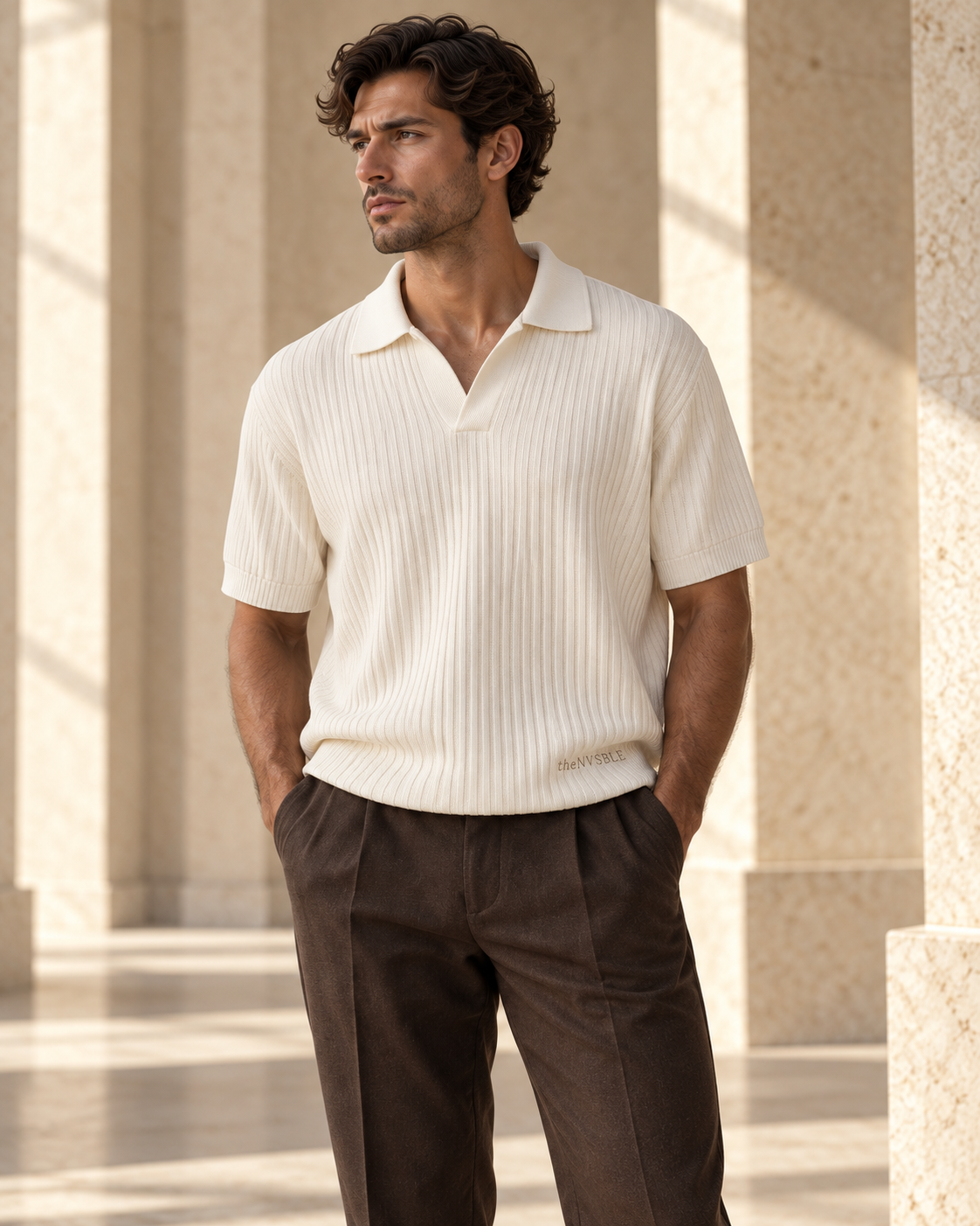 Concept preview of KNIT 001 OPENING, ivory knit polo by theNVSBLE.