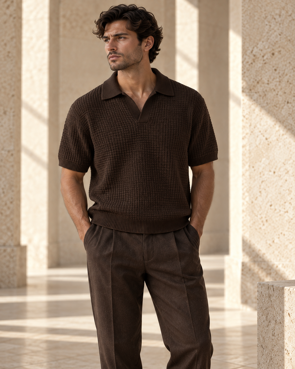Concept preview of KNIT 002 SHADOW WEAVE, espresso knit polo by theNVSBLE.