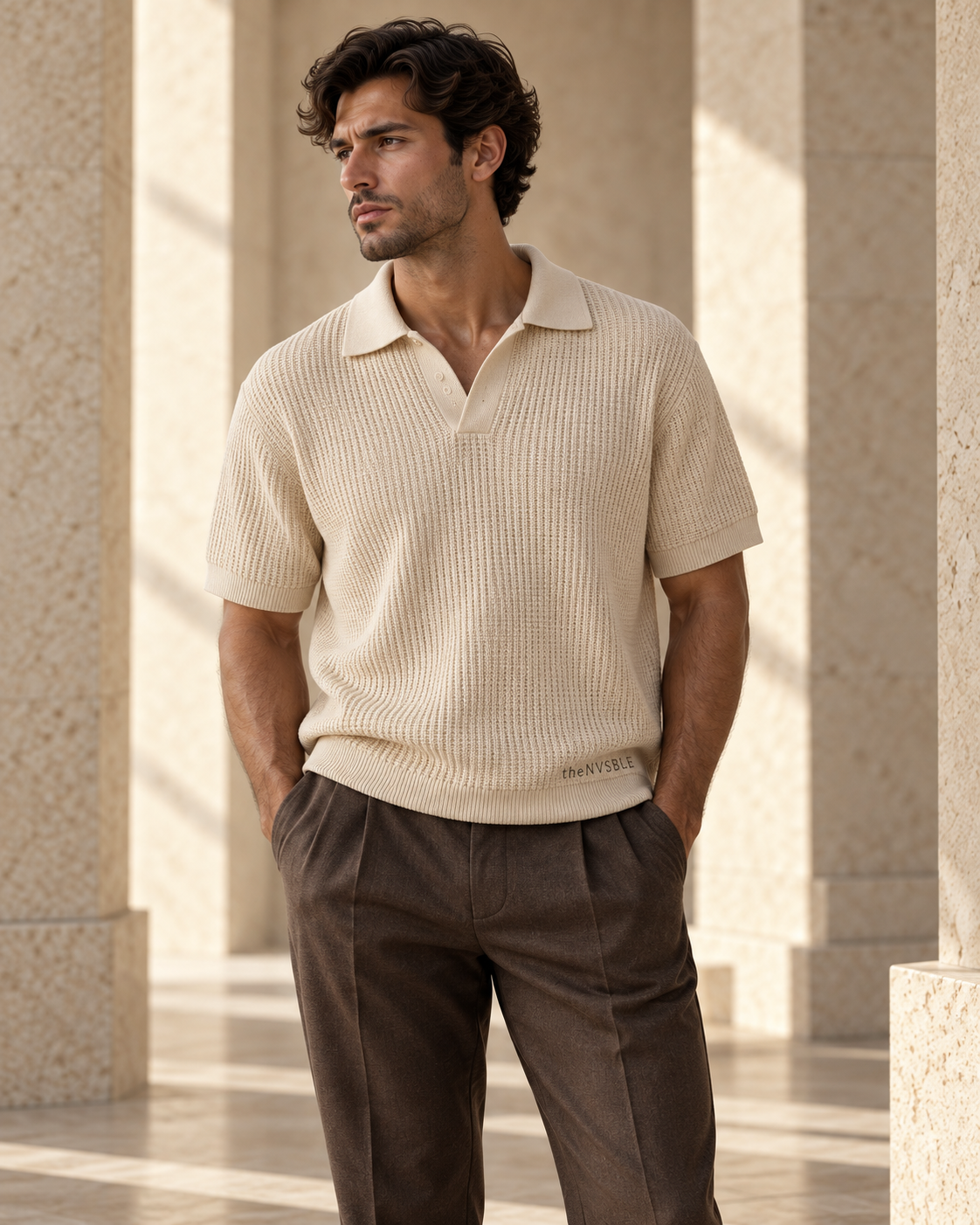 Concept preview of KNIT 005 DUNE, sand knit polo by theNVSBLE.