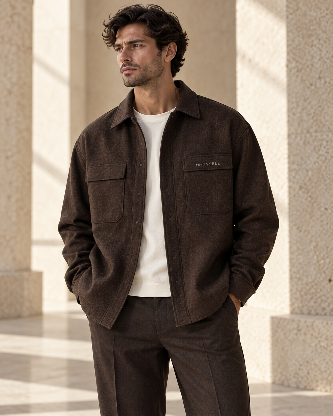 Concept preview of LAYER 001 FOUNDATION, espresso overshirt by theNVSBLE.