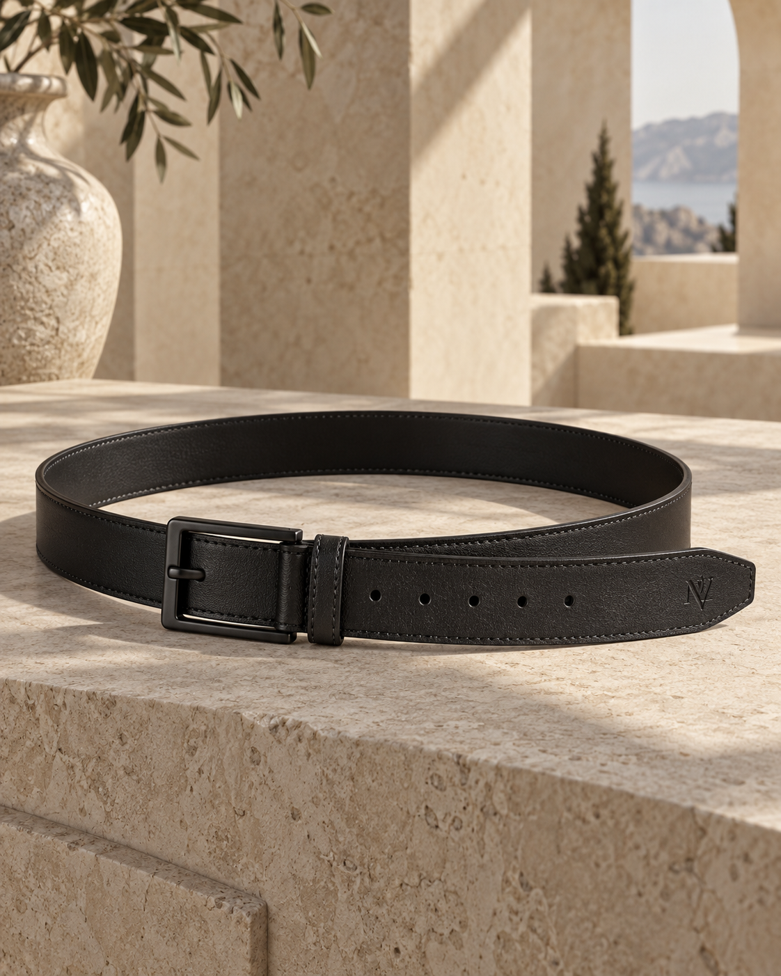Design preview: black FRAME belt with a dark matte rectangular buckle.