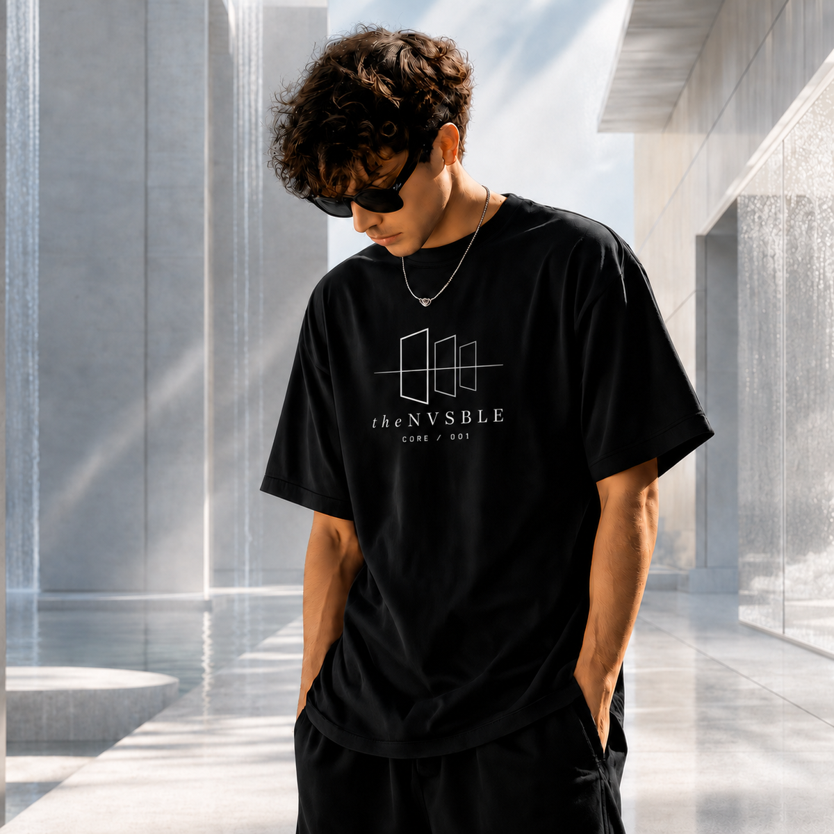 theNVSBLE CORE 001 Beyond Sight black T-shirt, alternate front pose with portal emblem