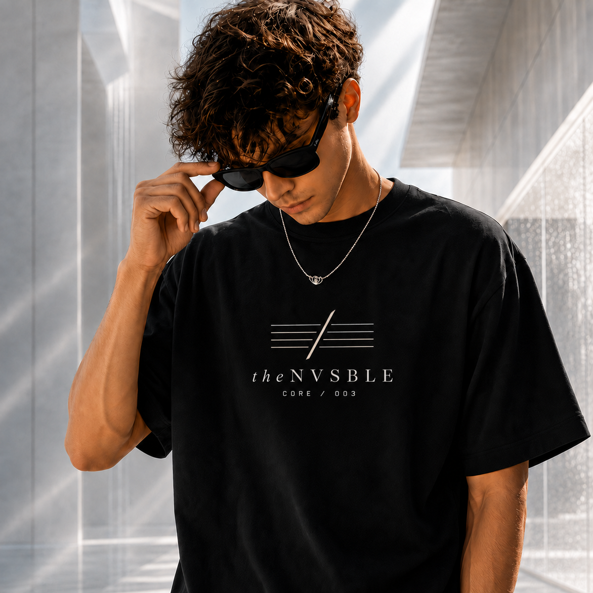 theNVSBLE CORE 003 THE SIGNAL black T-shirt, front view with new geometric emblem