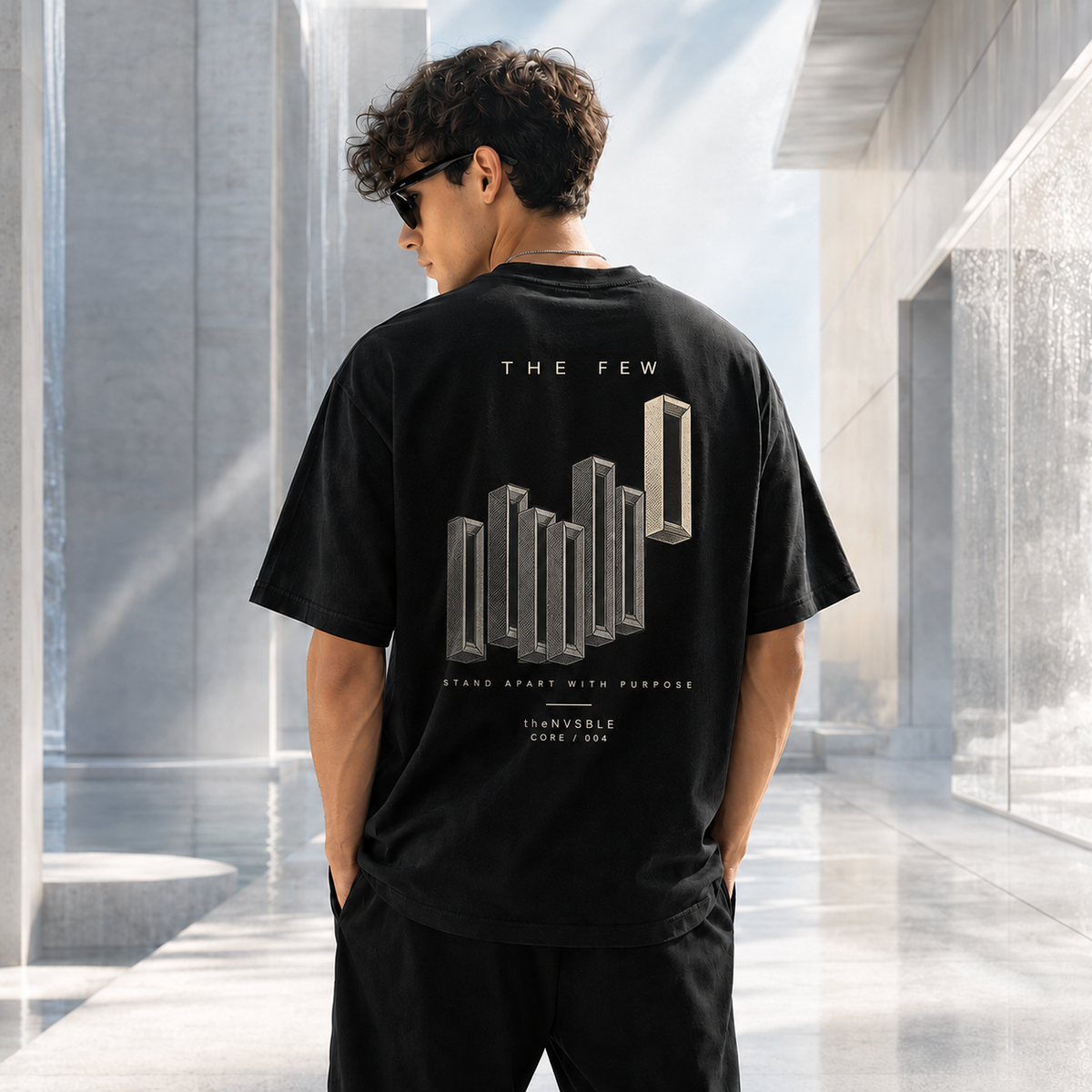 theNVSBLE CORE 004 THE FEW black T-shirt, back view with new architectural monolith artwork