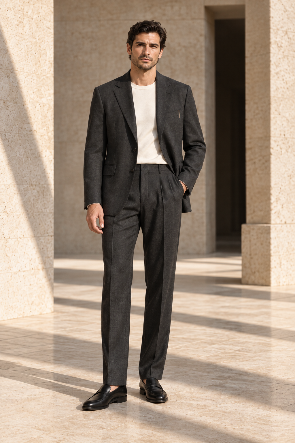 Concept preview of FORM 001 PRESENCE, charcoal two-piece suit by theNVSBLE.