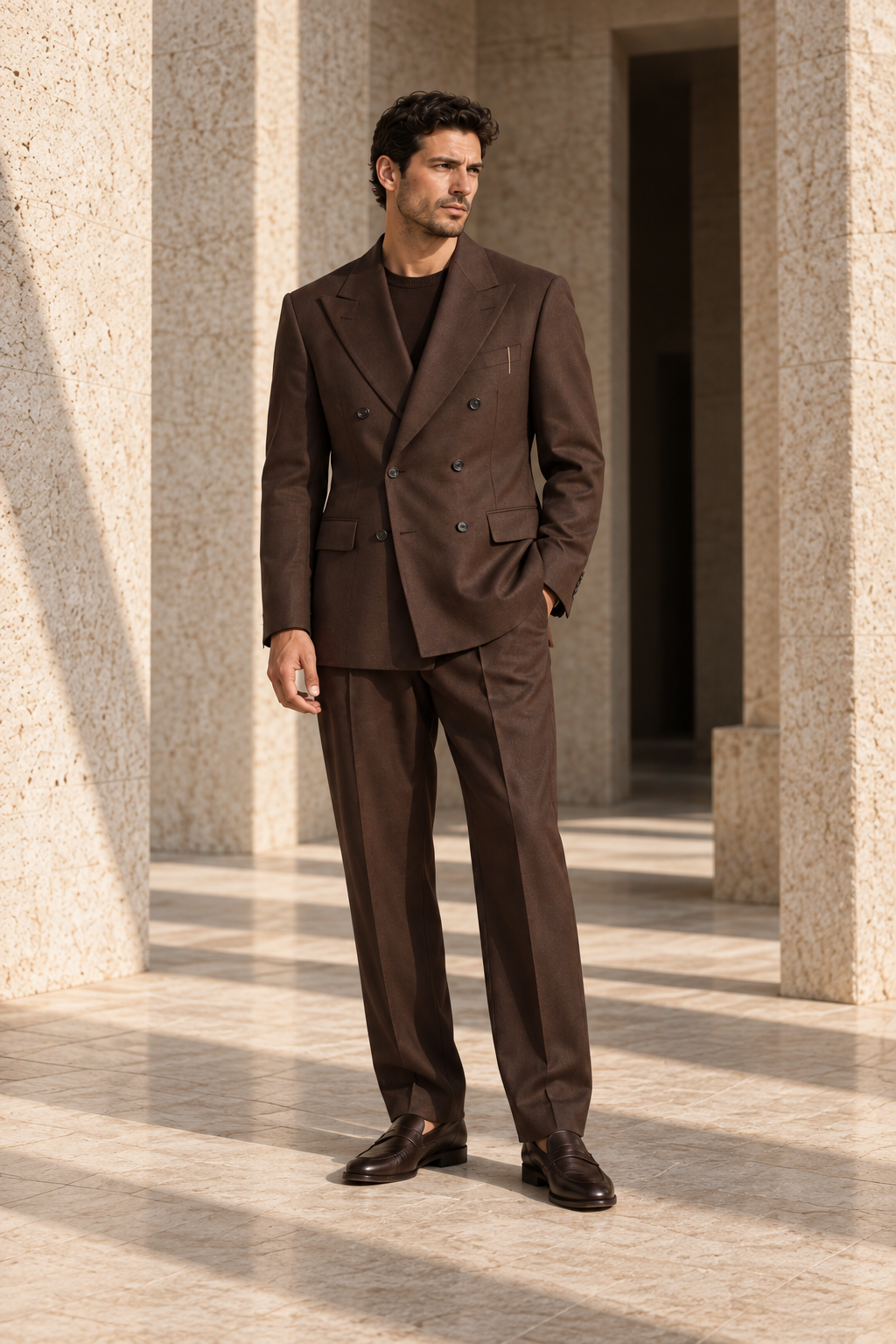 Concept preview of FORM 002 THE VEIL, espresso double-breasted two-piece suit by theNVSBLE.
