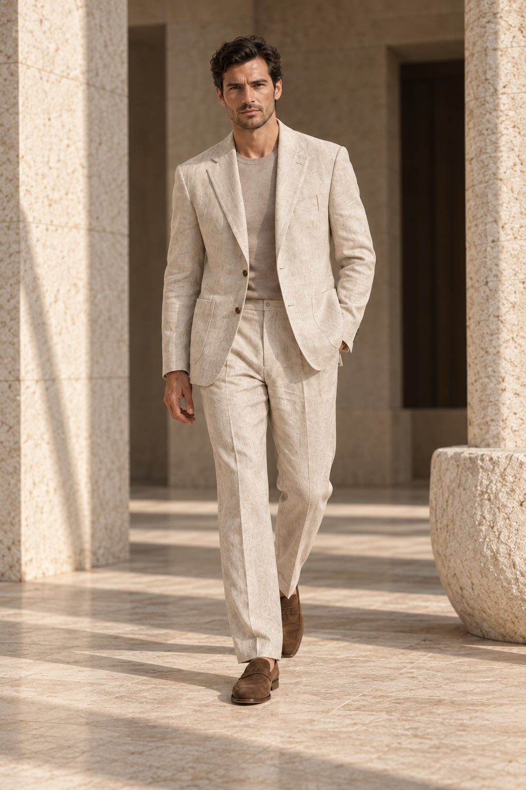 Concept preview of FORM 003 STILL, stone-cream two-piece suit by theNVSBLE.