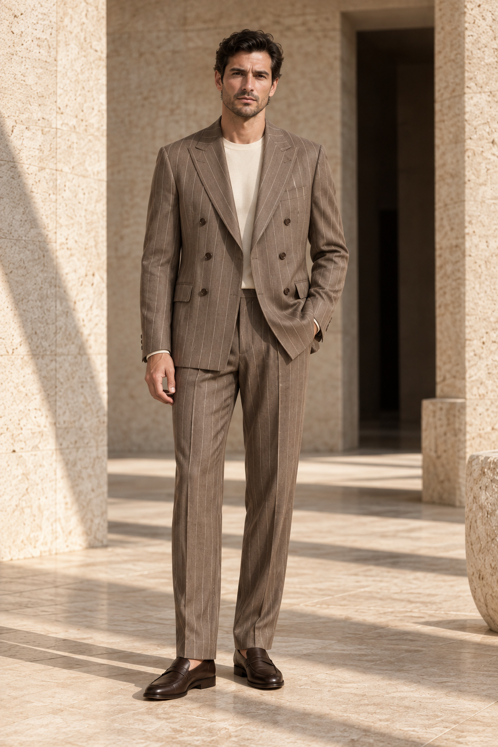 Concept preview of FORM 005 TRACE, taupe pinstripe double-breasted two-piece suit by theNVSBLE.