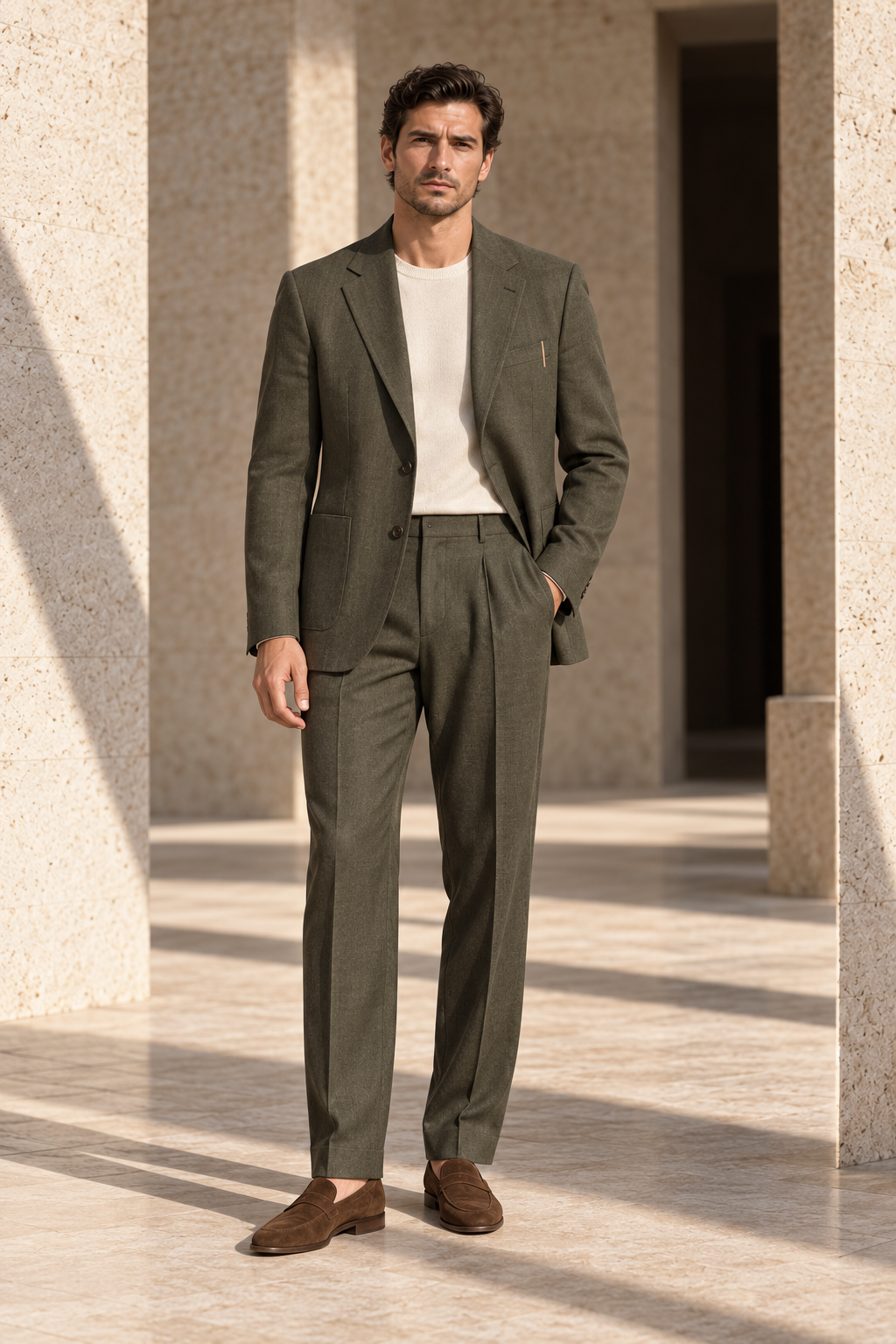 Concept preview of FORM 006 RESERVE, muted olive two-piece suit by theNVSBLE.