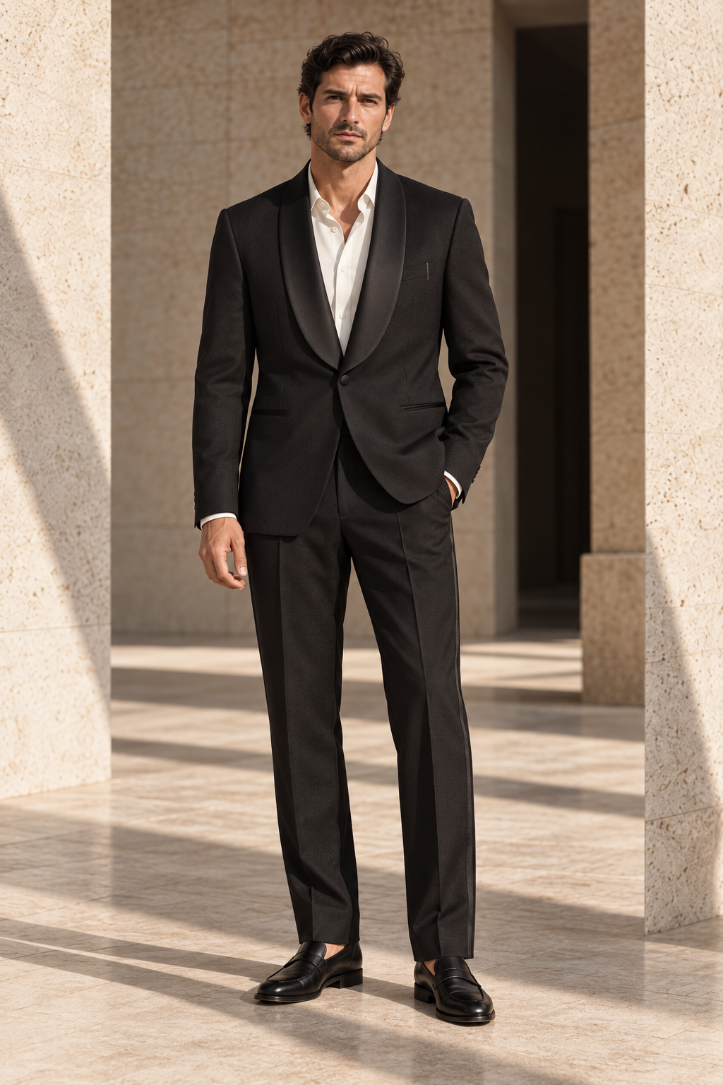 Concept preview of FORM 007 NOCTURNE, onyx-black evening two-piece suit by theNVSBLE.