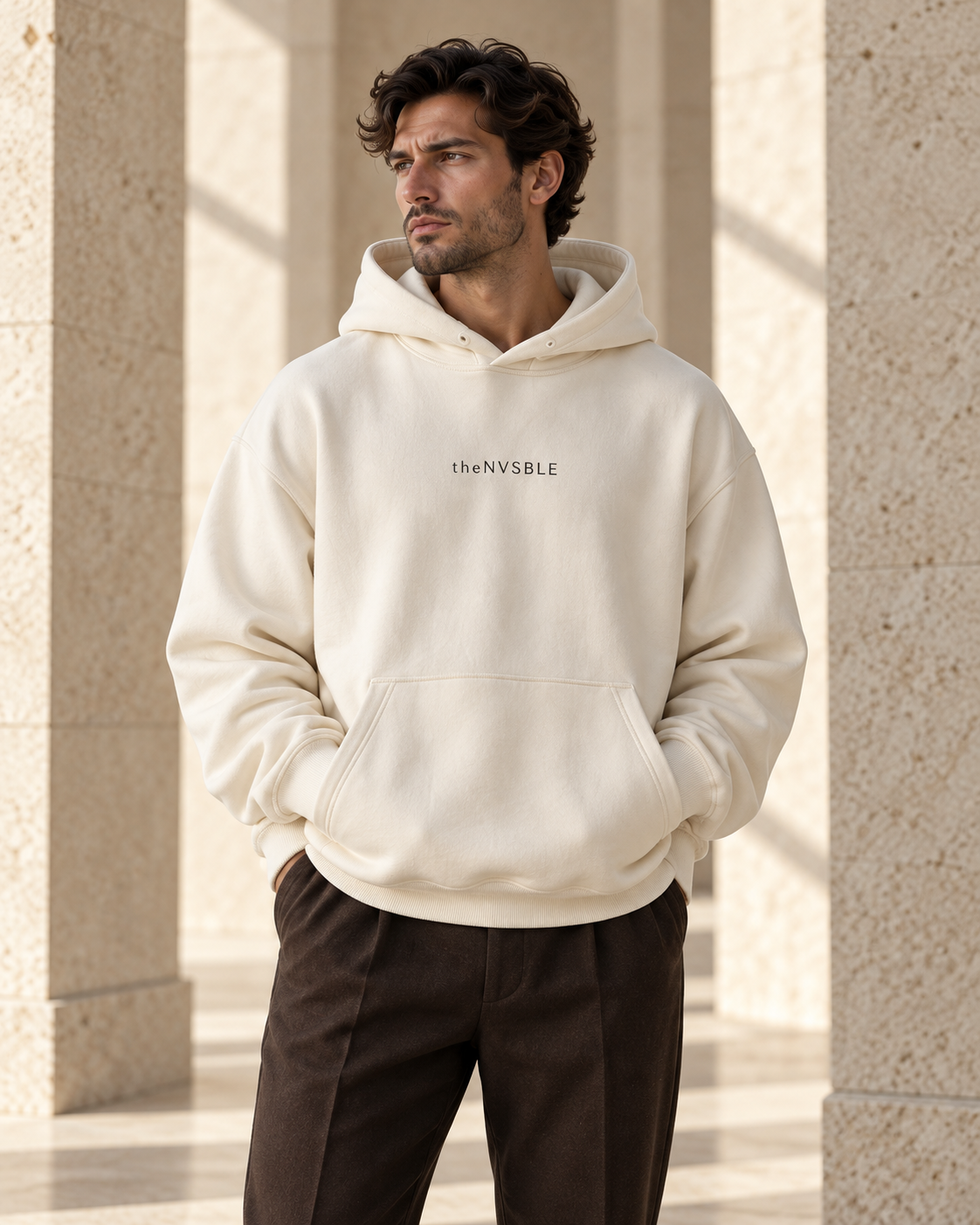 Concept preview of HOODIE 001 QUIET FORM, ivory hoodie by theNVSBLE.