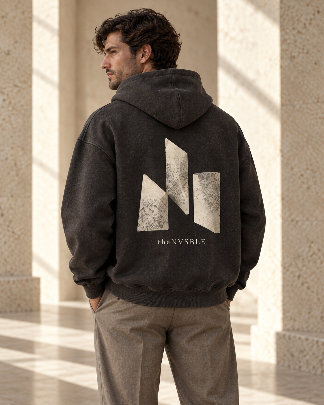 Concept preview of HOODIE 002 FRACTURE, charcoal hoodie by theNVSBLE.