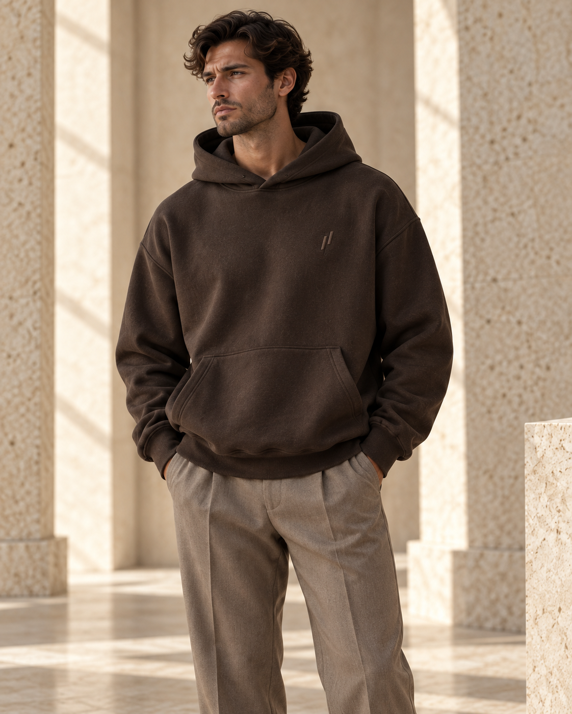 Concept preview of HOODIE 003 AFTERLIGHT, espresso hoodie by theNVSBLE.
