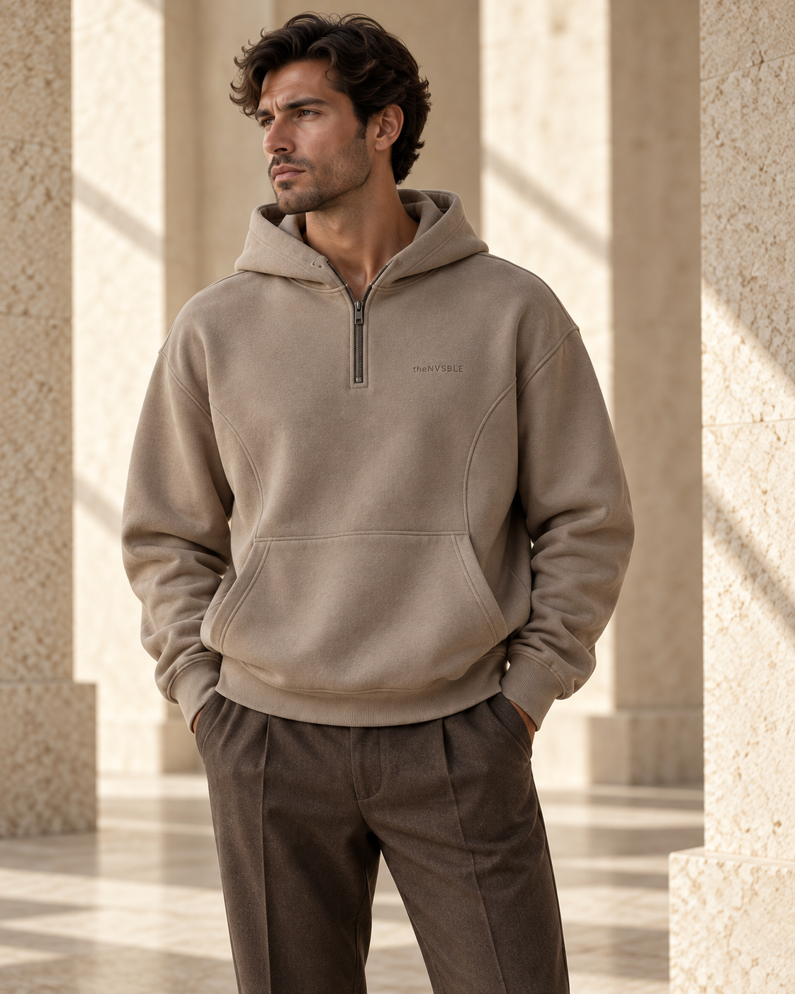 Concept preview of HOODIE 006 CONTOUR, taupe hoodie by theNVSBLE.