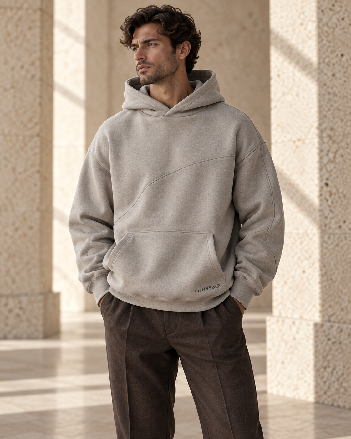 Concept preview of HOODIE 007 UNSEEN, stone grey hoodie by theNVSBLE.