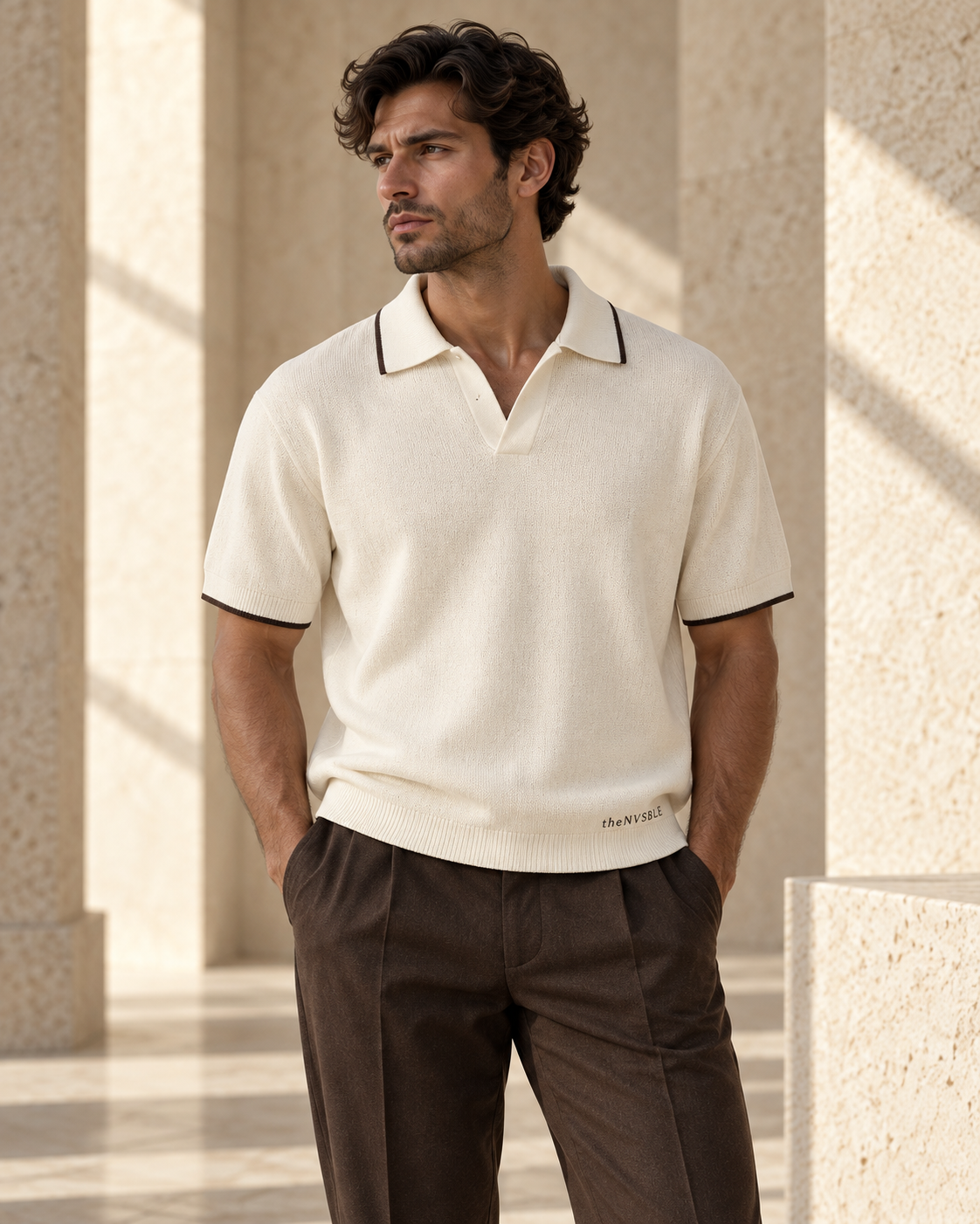 Concept preview of KNIT 006 OUTLINE, ivory / espresso knit polo by theNVSBLE.