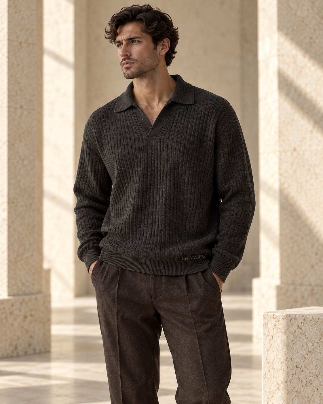Concept preview of KNIT 007 EVENING, charcoal knit polo by theNVSBLE.