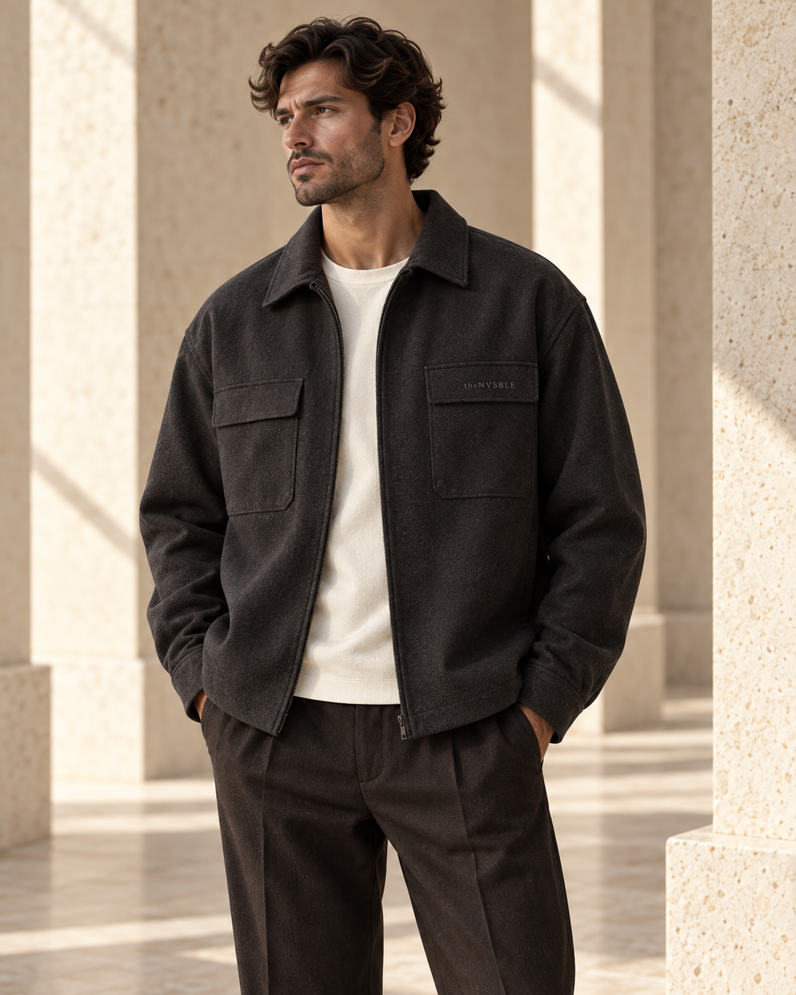 Concept preview of LAYER 003 NIGHT ARCHIVE, charcoal overshirt by theNVSBLE.