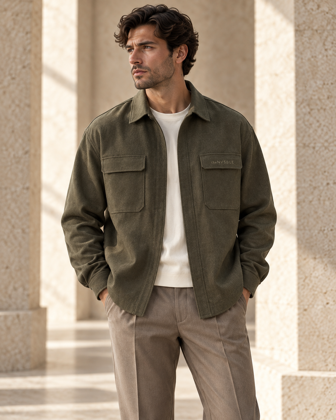 Concept preview of LAYER 006 RESERVE LAYER, muted olive overshirt by theNVSBLE.