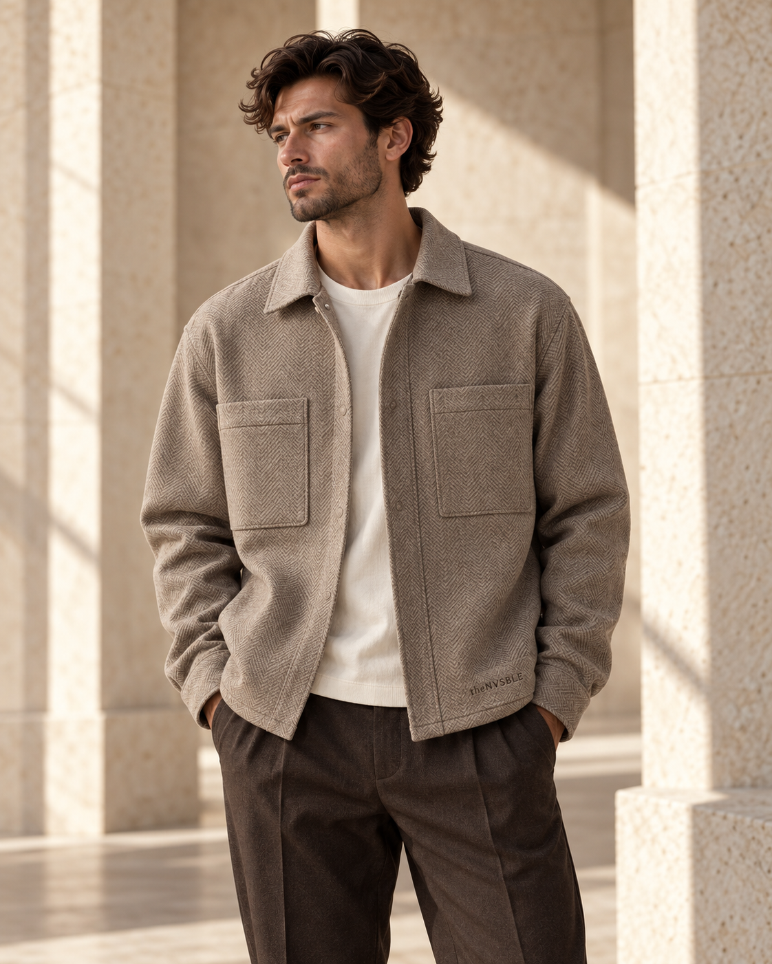 Concept preview of LAYER 007 HERRING, taupe overshirt by theNVSBLE.