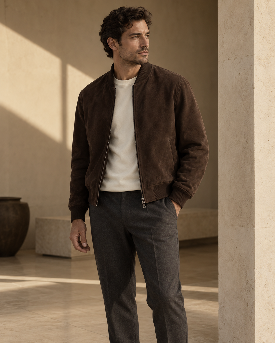 Design preview: espresso SHELTER bomber jacket over an ivory T-shirt.